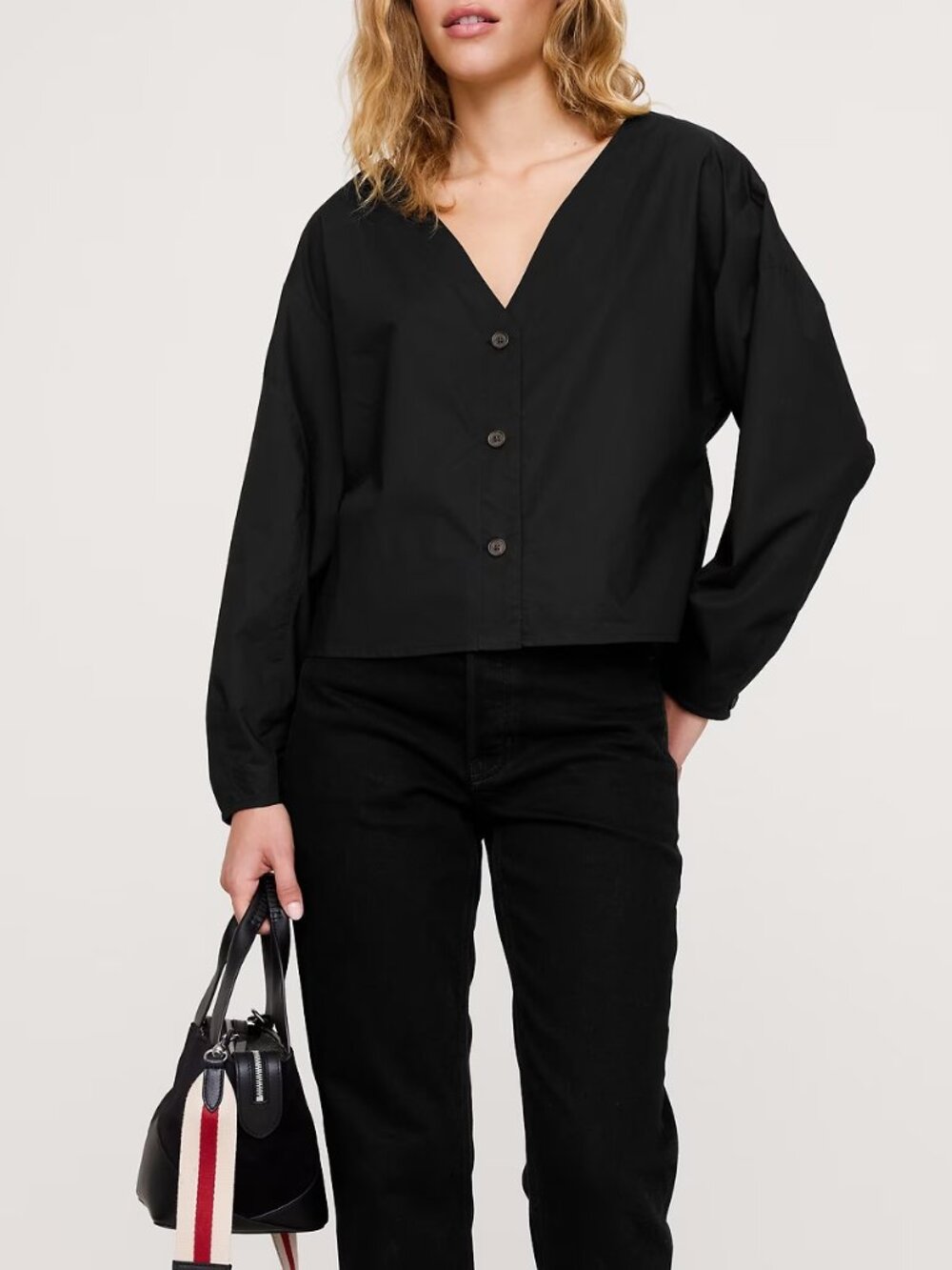 NWT Banana Republic Black Cotton Poplin Volume-Sleeve Button-Up Shirt Top XS
